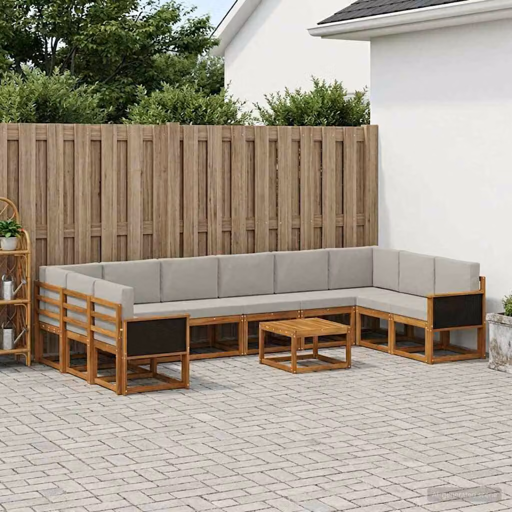 Set di divani da esterno vidaXL 11 pz in legno di acacia con cuscini, forma a L, beige e grigio