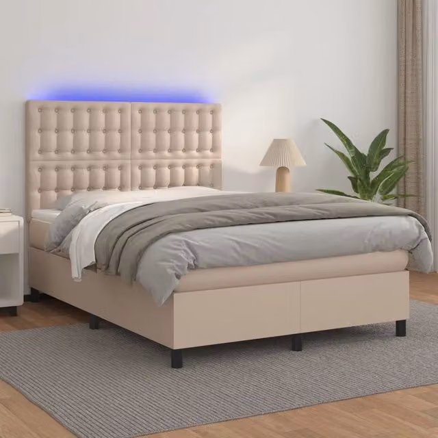 Letto con contenitore a molle e illuminazione LED vidaXL, rivestimento in similpelle color cappuccino, L/P/H: 140 x 190 cm