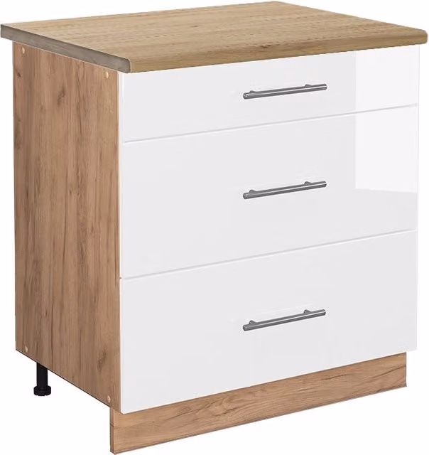 Mobiletto base per cucina Fame-Line Bianco lucido/Rovere dorato 80 cm con 3 cassetti, PL Rovere Vicco