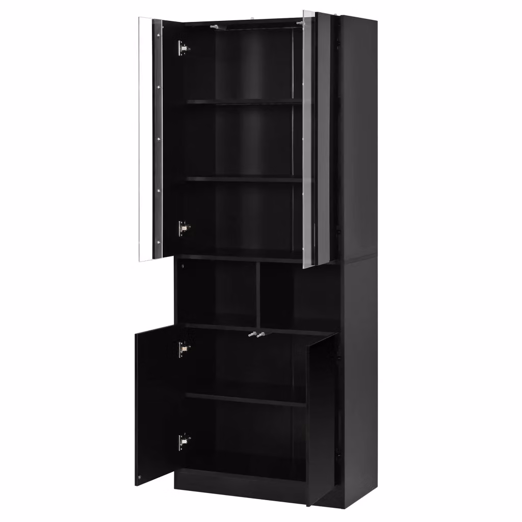Armadio Chicfurn moderno nero con 4 ante, vani aperti e illuminazione LED, L: 70 cm, P: 35 cm, H: 180 cm – 2