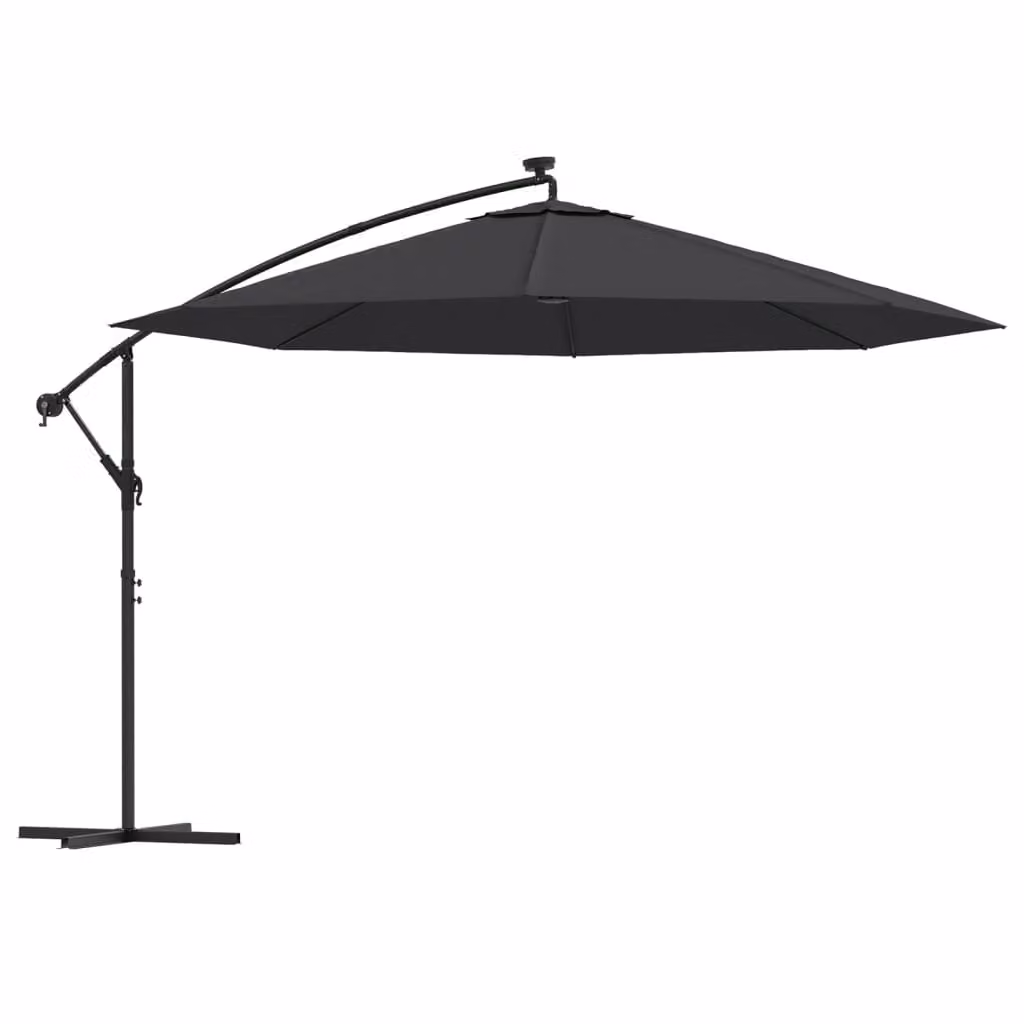 Ombrellone a Sbalzo con Palo e Luci a LED Nero 350 cm