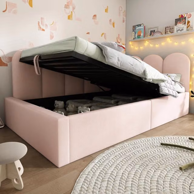 Letto da giorno 90x190 cm con contenitore idraulico; velluto rosa; struttura in metallo