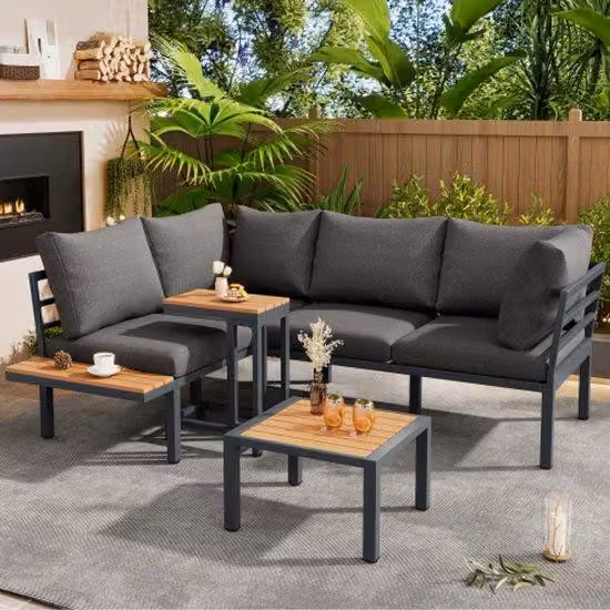 Set di mobili da giardino, panca + tavolino + tavolino da salotto (utilizzabile come poggiapiedi), tubi in acciaio zincato, piano del tavolo in finto legno, adatto per balconi e giardini, grigio + nero