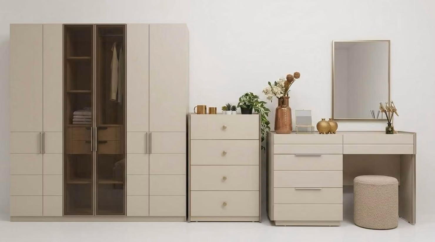 Schlafzimmer Set Beige Modern Luxus Schrank Schminktisch Kommode