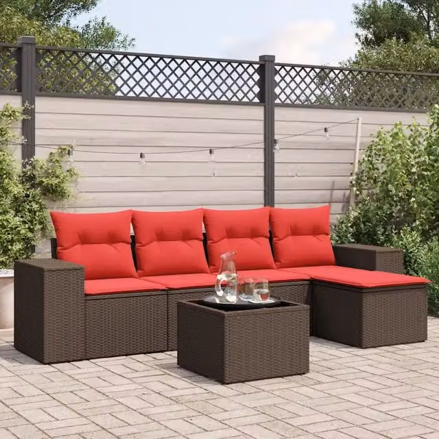 Set Divani da Giardino 6 pz con Cuscini Marrone in Polyrattan 3222503