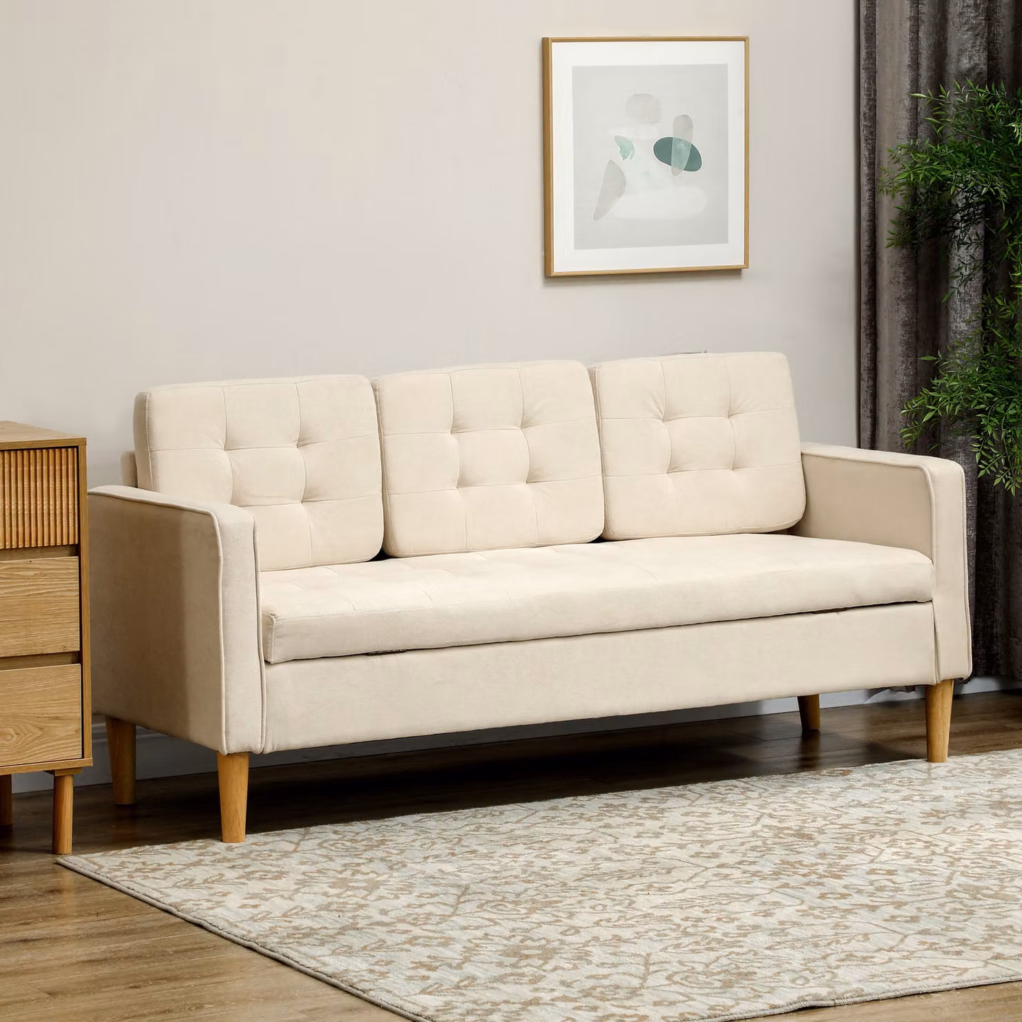 Divano moderno HOMCOM a 3 posti in flanella con scomparto nascosto e schienale capitonné, colore beige, L: 166,5 cm, P: 62 cm, H: 82 cm – 2
