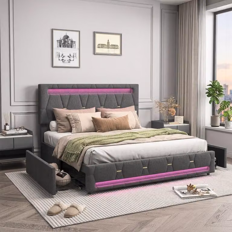 Letto imbottito INONEFT, 140 x 200 cm, letto matrimoniale con 4 cassetti, letto per ragazzi con illuminazione LED, letto contenitore, letto multifunzionale, tessuto: lino, colore: grigio