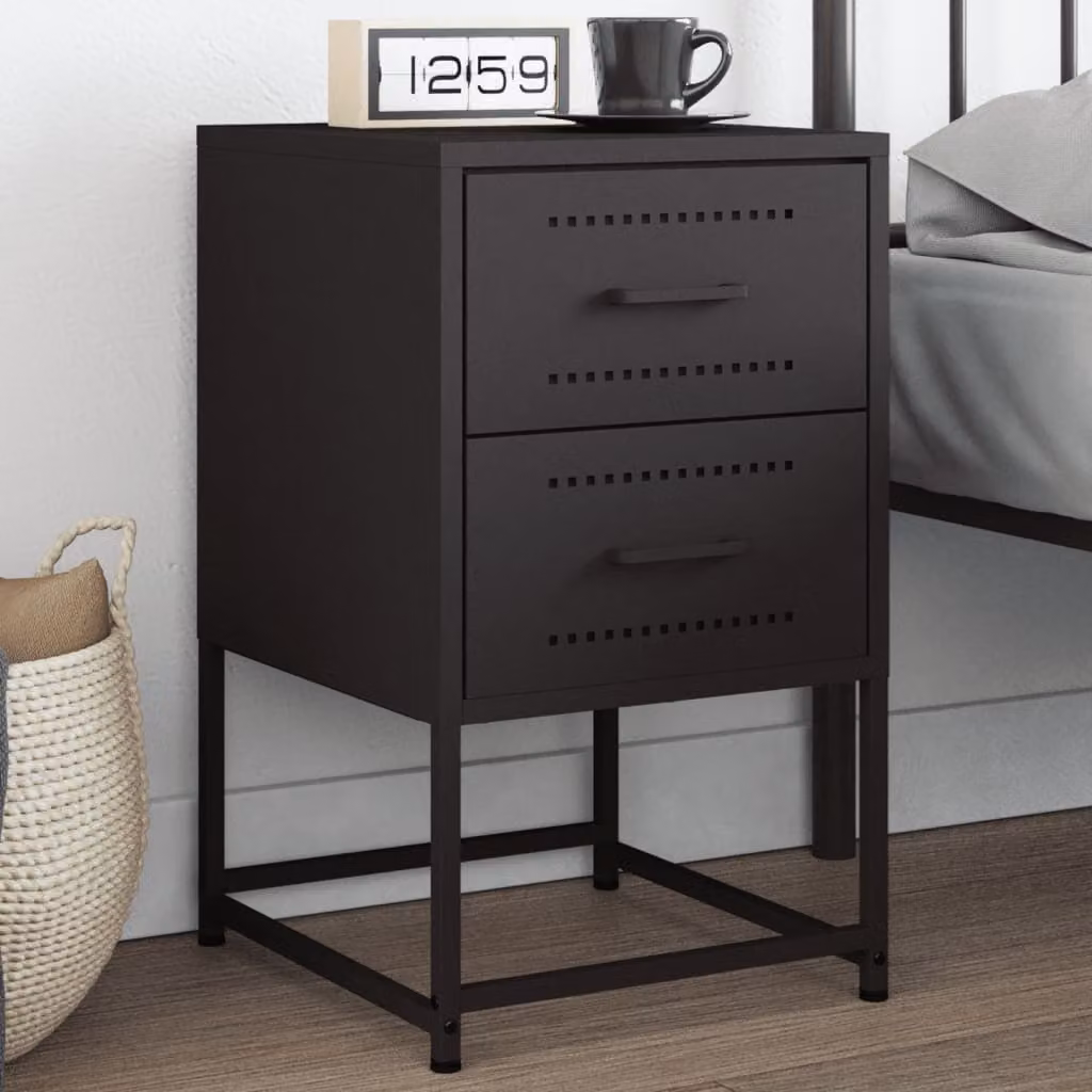 Comodino nero in metallo stile industrial vidaXL L: 36 cm, P: 39 cm, H: 60,5 cm