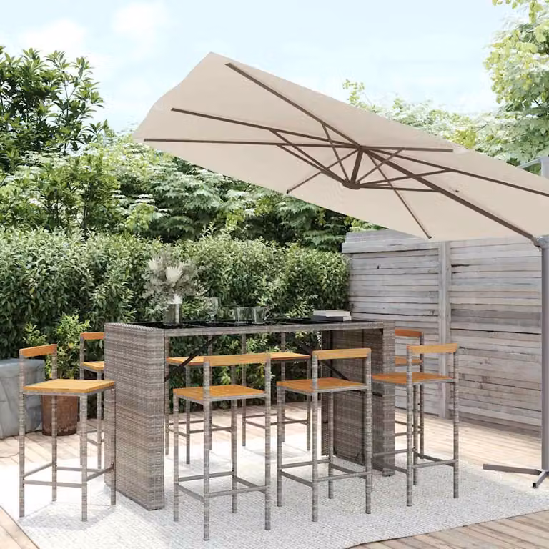 vidaXL Set Bar Giardino 9pz in Polyrattan e Legno di Acacia Grigio e Nero