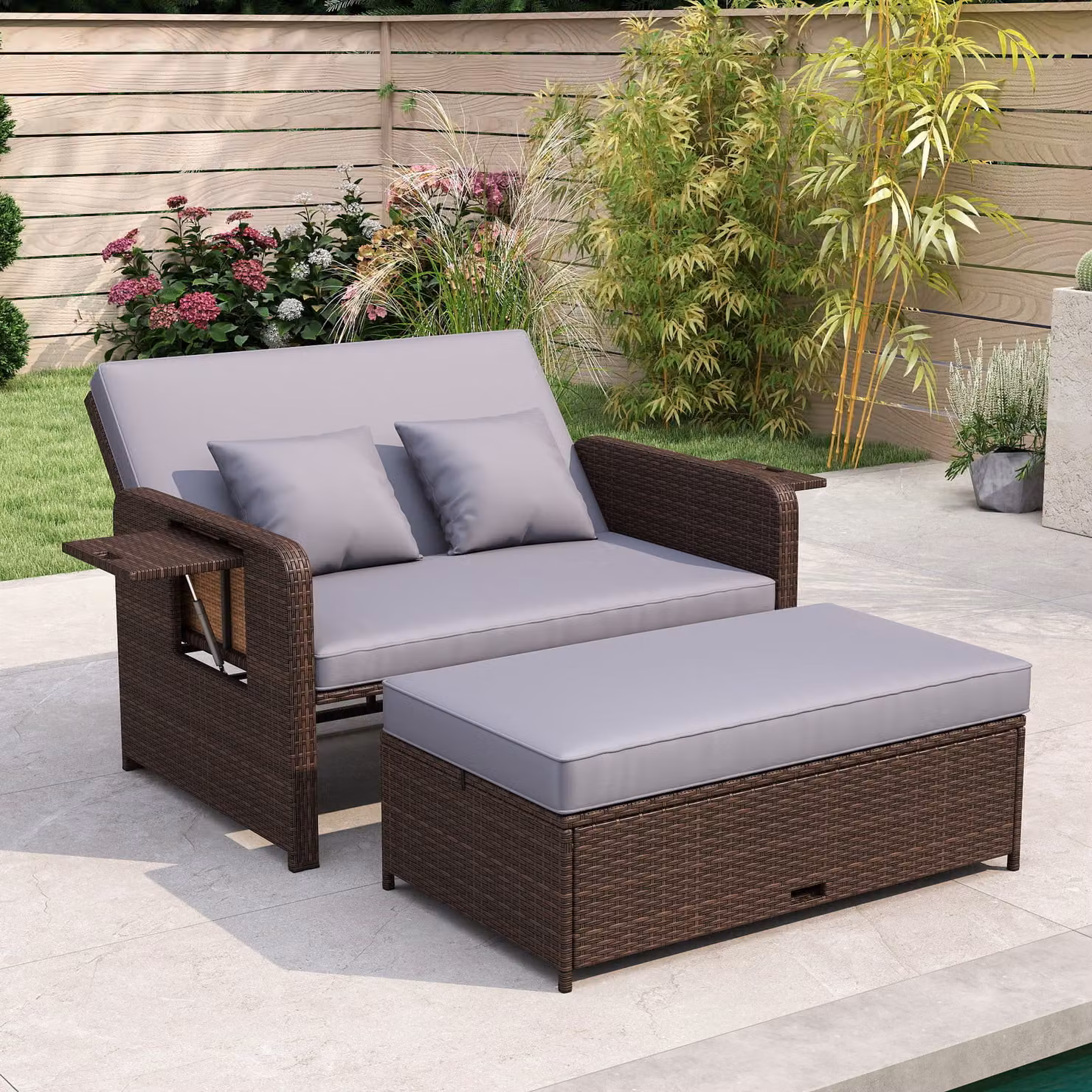 Set di 2 pezzi Costway Divano letto in rattan grigio per giardino e terrazzo con schienale regolabile e pouf contenitore