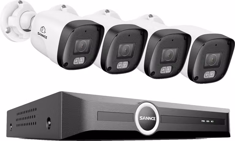 Sistema di videosorveglianza, risoluzione 3 MP, rilevamento intelligente del movimento, registratore NVR a 8 canali, 4 telecamere incluse. Nessun altro accessorio