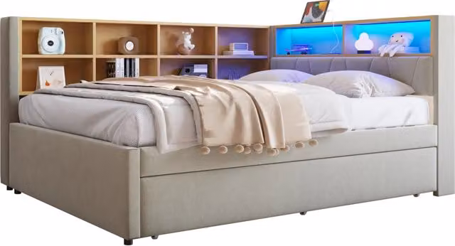 Letto imbottito 140x200 cm con letto estraibile 90x190 cm; LED; USB-C e vani in flanella grigio chiaro
