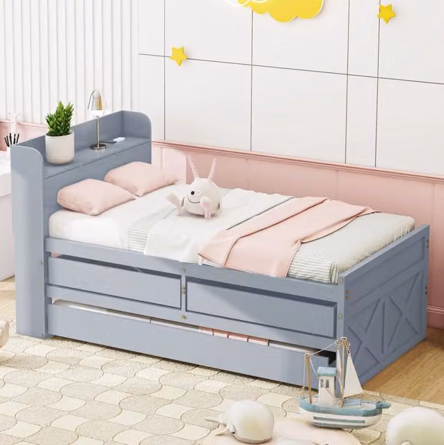 Letto 90x190 cm con cassetti; letto estraibile e USB in legno grigio