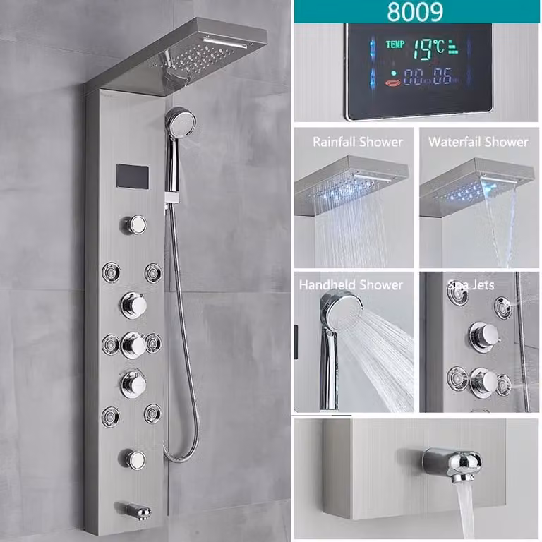 Pannello doccia LED - Sistema doccia a pioggia - Vasca da bagno - Display digitale della temperatura - 4 getti massaggio corpo - Acciaio inossidabile 304 - Miscelatore a 3 manopole - Finitura nichel spazzolato 8009