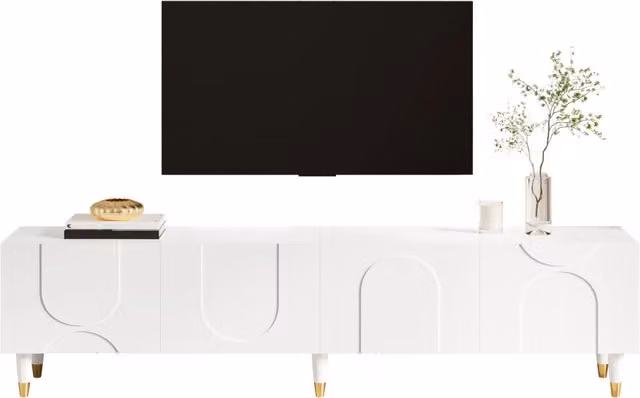 Mobile TV asimmetrico con rilievo ad arco, 4 ante, ampio spazio contenitore, gambe in legno massello, per soggiorno