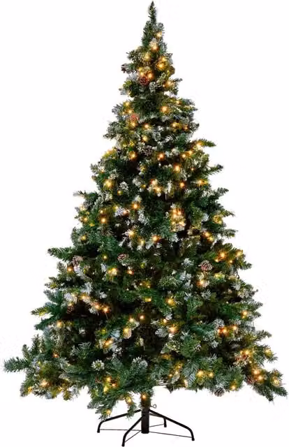 Albero di Natale Artificiale Pre-Illuminato con LED Warm White Beliani Verde Innevato con Base Nera Altezza: 180 cm
