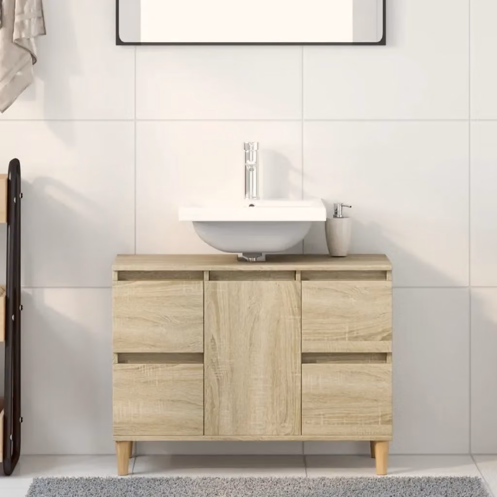 Mobile Lavabo Design In Rovere Sonoma con Ante e Cassetti, L 80 cm x P 33 cm x H 60 cm, Colore Marrone e Beige – 2