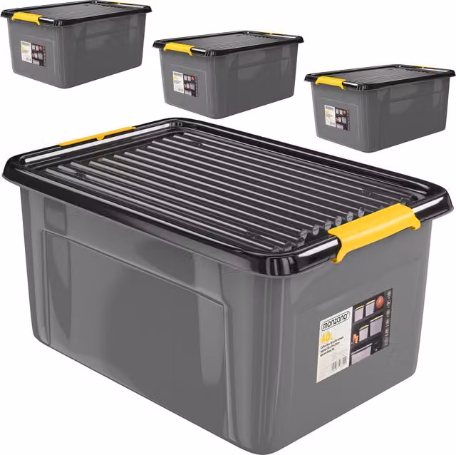Set da 4 scatole portaoggetti impilabili MONZANA in plastica, Grigio/Antracite/Giallo, L: 58 cm, P: 40 cm, H: 25 cm