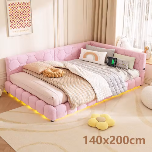 Divano letto AIORBER, 140x200cm, letto da giorno con rete a doghe (senza materasso), luce ambiente a 16 colori, connessione USB, Type-C, per appartamenti e camere per ospiti, rosa