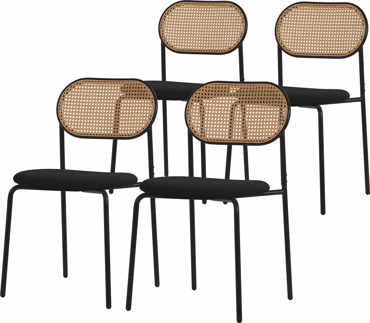 ML-Design set di 4 sedie da pranzo, nero, sedia da cucina con schienale in rattan Sedie imbottite con schienale curvo in rete Sedia in rattan con gambe in metallo