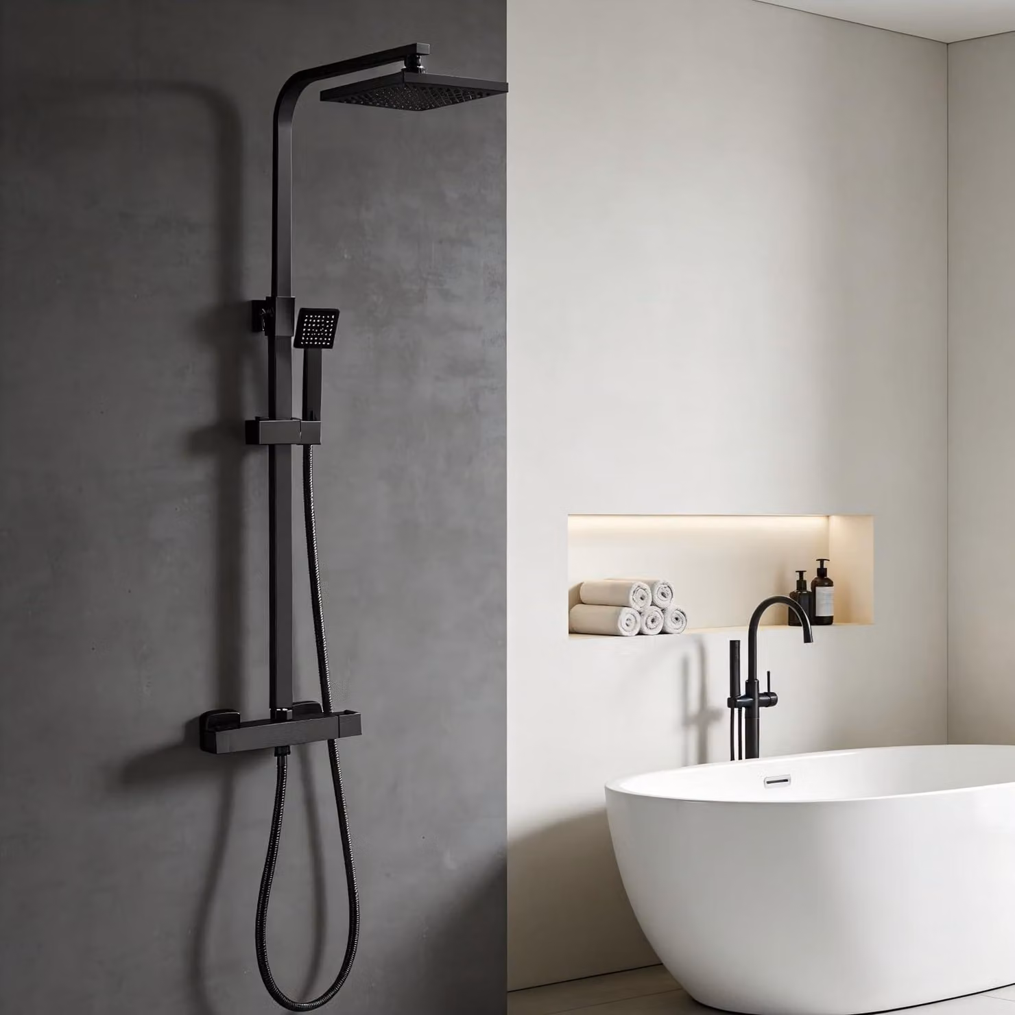 Colonna doccia termostatica, altezza regolabile da 700 a 1150 mm, colore nero