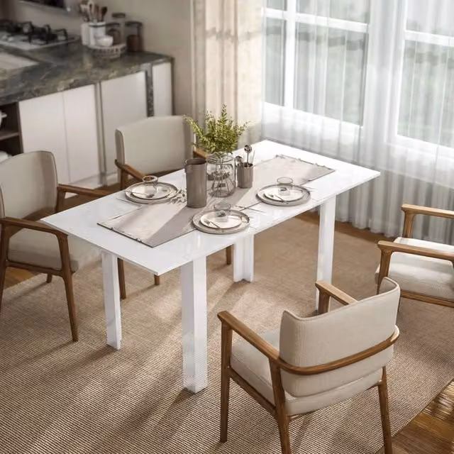 Tavolo allungabile da pranzo con piano estensibile a farfalla in MDF bianco lucido per 4–6 persone