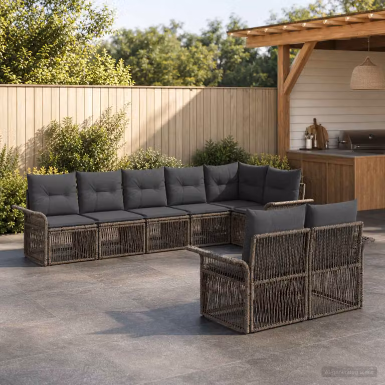Set Divano da Giardino vidaXL 8 pz Grigio con Cuscini e Struttura in Metallo e Polyrattan a Forma a U