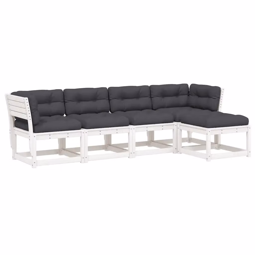 Set di divani da giardino vidaXL a forma di L composto da 5 pezzi con cuscini in poliestere resistente ai raggi UV e struttura in legno massello di pino bianco – 2