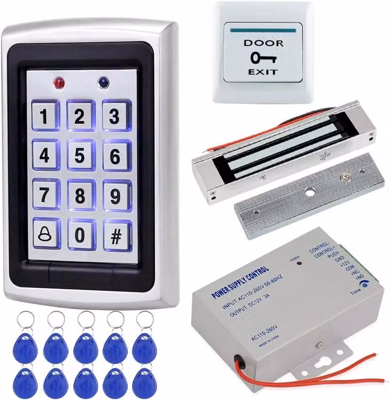 Sistema di controllo accessi - Tastiera con codice RFID - Serratura elettromagnetica con capacità di 180 kg - Pulsante di uscita - Alimentatore a 110 V - Conformità RoHS