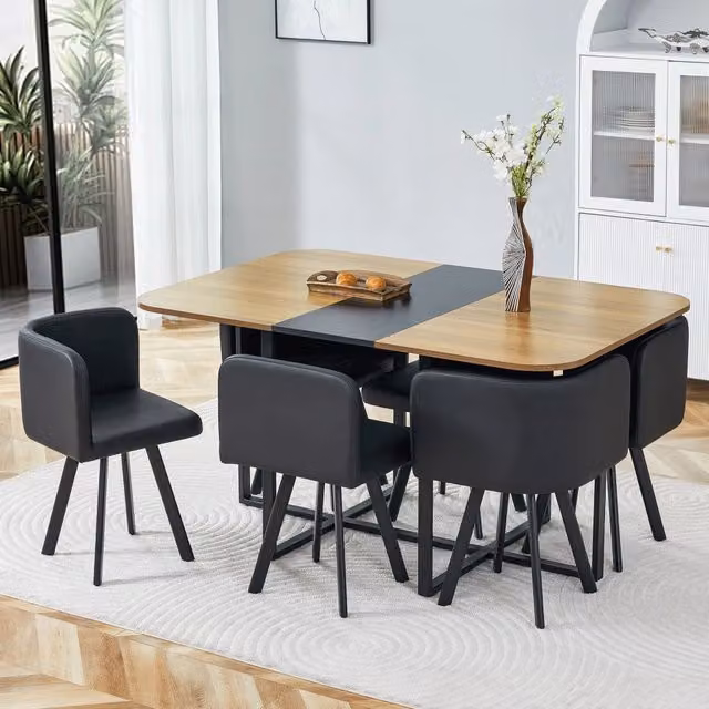 Set tavolo da pranzo per 4-6 persone, piano con effetto legno e struttura in metallo nero, ideale per cucina e soggiorno