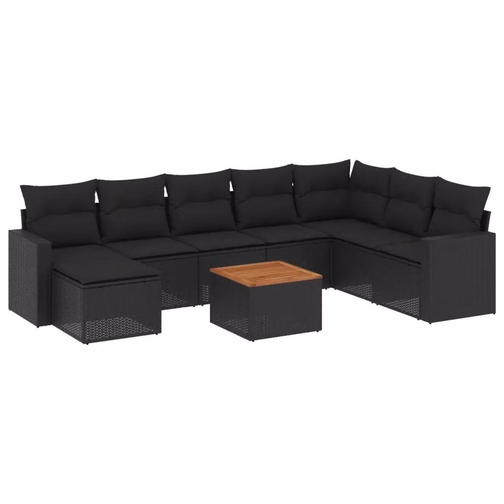 vidaXL Set Divani da Giardino 9 pz in Polyrattan Nero con Cuscini e Tavolino da Esterno – 2