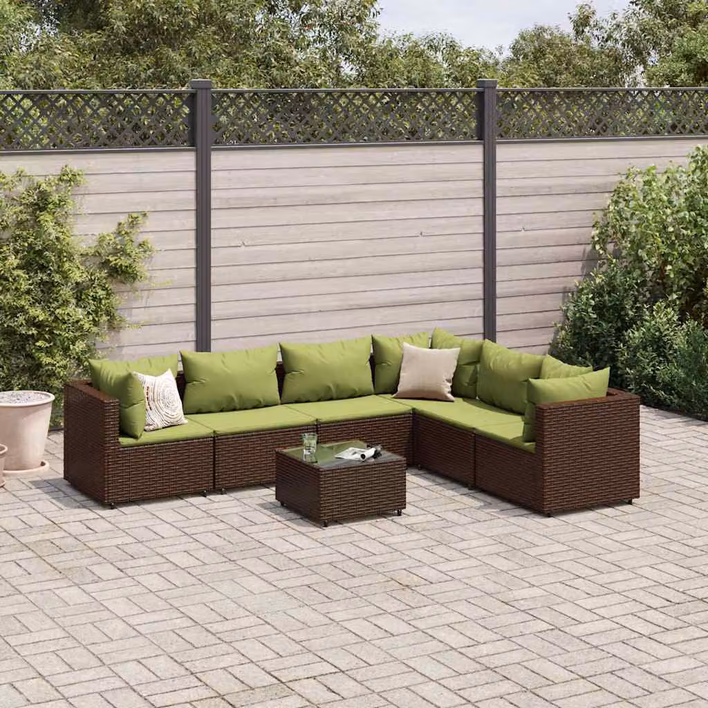 vidaXL Set Divani da Giardino 7 pz a Forma a L con Cuscini e Tavolino in Polyrattan Marrone e Verde – 1