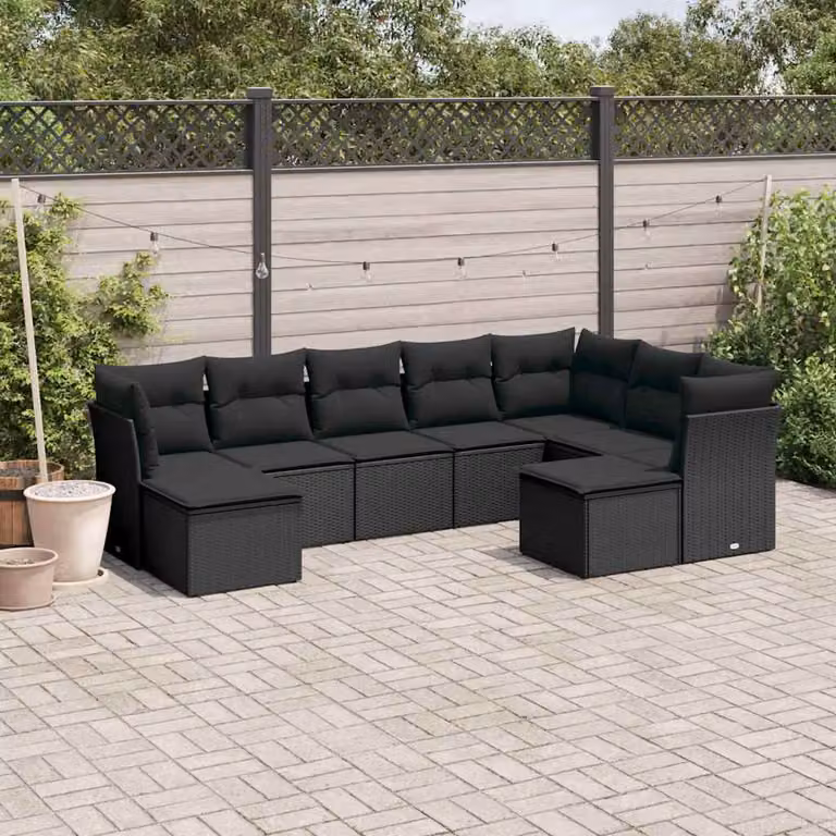 vidaXL Set Divani da Giardino a L 9 pz con Cuscini Nero in Polyrattan e Acciaio