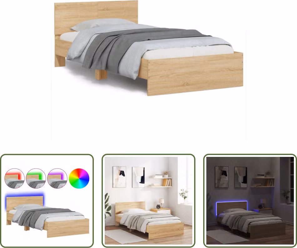 The Living Store Struttura letto con testiera e luci LED Rovere Sonoma 100x200 cm