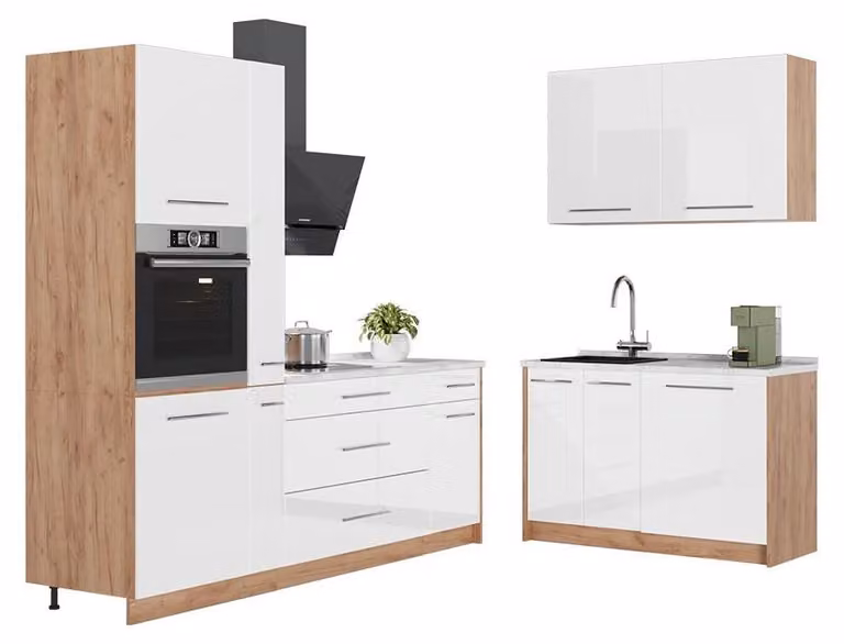 Cucina Vicco Fame-Line Bianco lucido/Rovere dorato 220 x 120 cm, PL Antracite, Model 64995