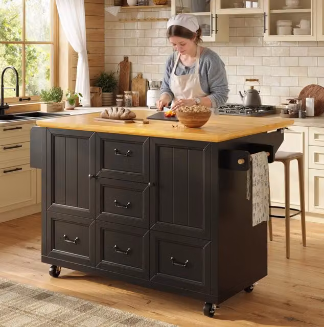 Isola cucina su ruote 120x73x93 cm con ripiani regolabili, 5 cassetti, 2 ante, portasalviette e portaspezie bianco/nero