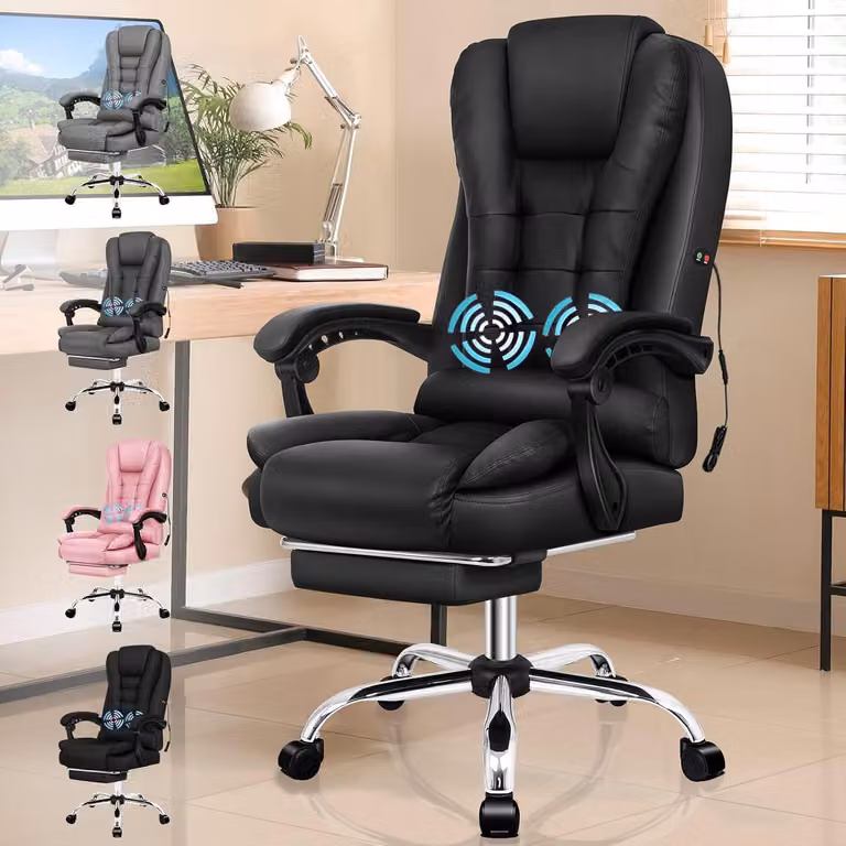 Poltrona da ufficio con funzione massaggio, design ergonomico, rivestimento ampio in ecopelle, colore nero