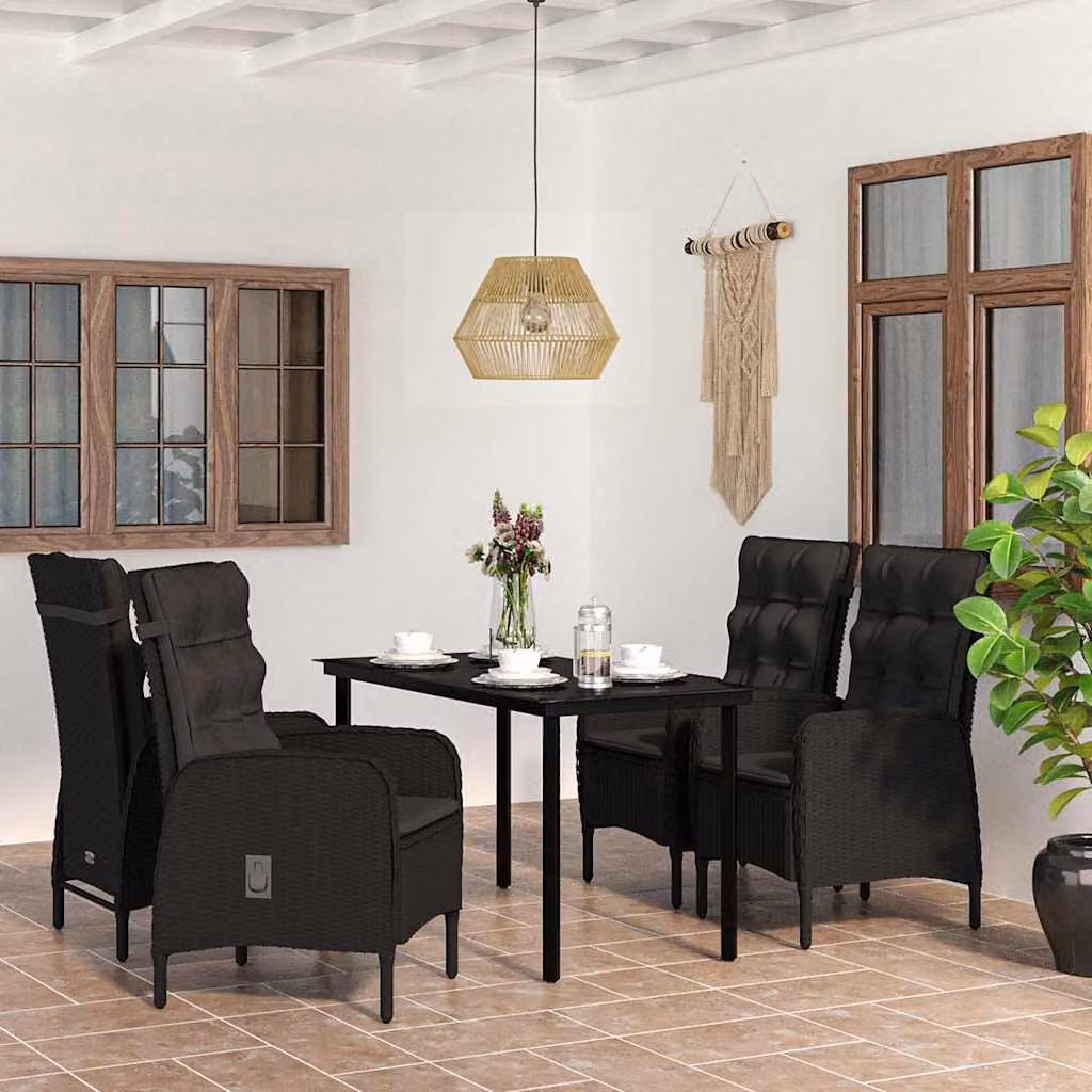 Set da pranzo da giardino vidaXL in polyrattan nero con tavolo in vetro e cuscini, 5 pezzi