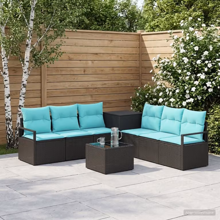 Set di divani da giardino vidaXL 8 pz a forma di L in polyrattan nero e blu con cuscini e tavolino da caffè