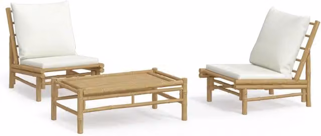 Set Salotto da Giardino 3pz | Set di Mobili da Esterno con Cuscini Bianco Crema in Bamb¨´