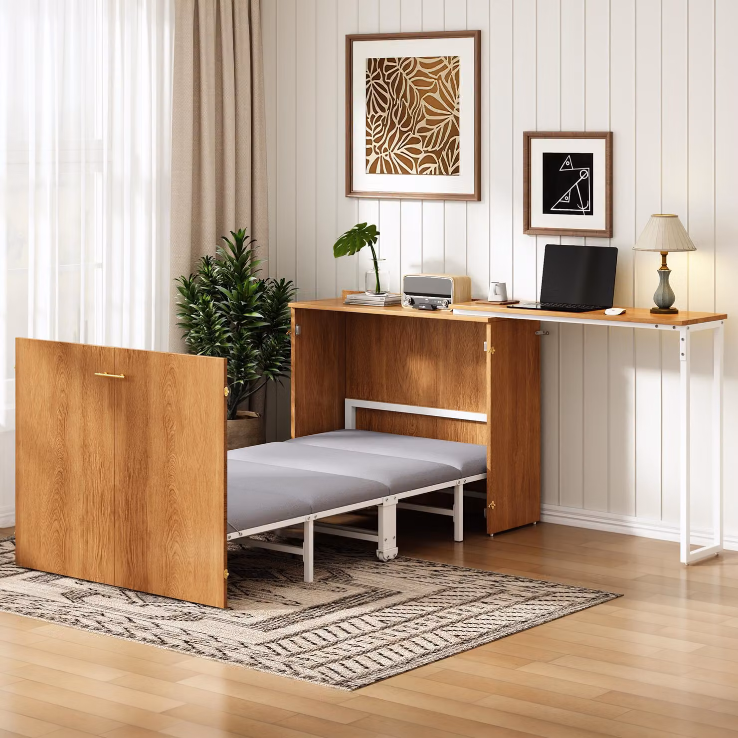 Letto a sdraio pieghevole Merax 90x200 cm con scrivania girevole, lettino in legno per bambini con materasso, letto a scomparsa salvaspazio con rotelle, finitura naturale