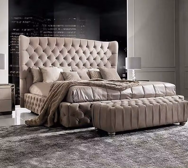 Echtes Chesterfield Bett Doppel Hotel Betten Textil Polster 160x200cm Stoff