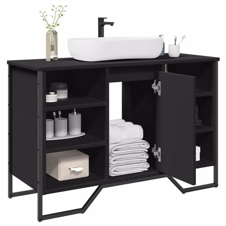 Lavabo da bagno moderno vidaXL nero con ante a cerniera e ripiani interni L: 91 cm, P: 35 cm, H: 60 cm