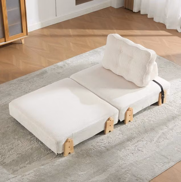 Poltrona trasformabile in letto singolo in corduroy beige; 90 x 86 x 84 cm; struttura in legno