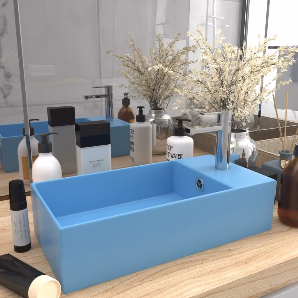 The Living Store Lavandino da bagno con troppopieno in Vetroceramica azzurro