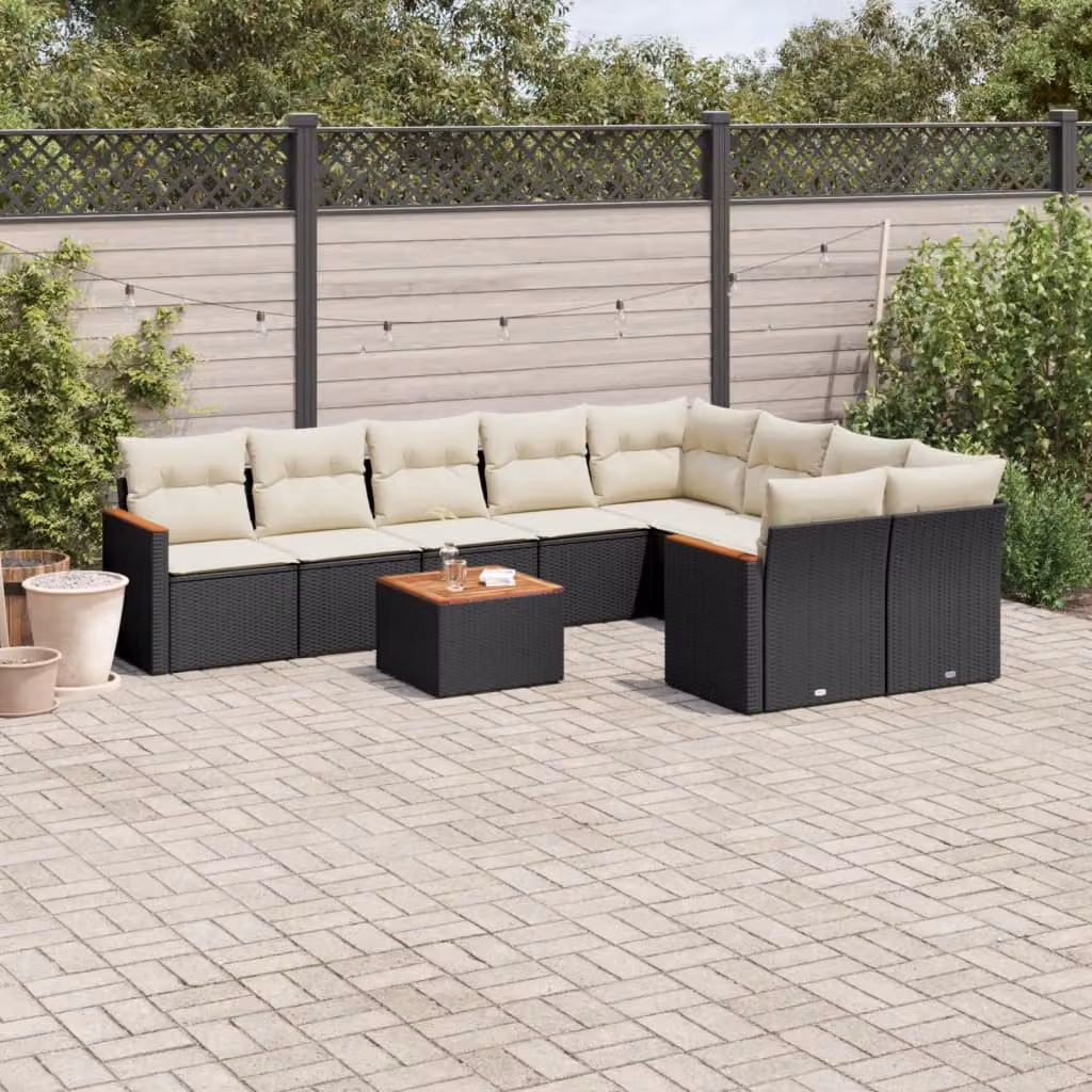 Set di divani da giardino vidaXL in polyrattan nero con cuscini e tavolino da esterno – 1