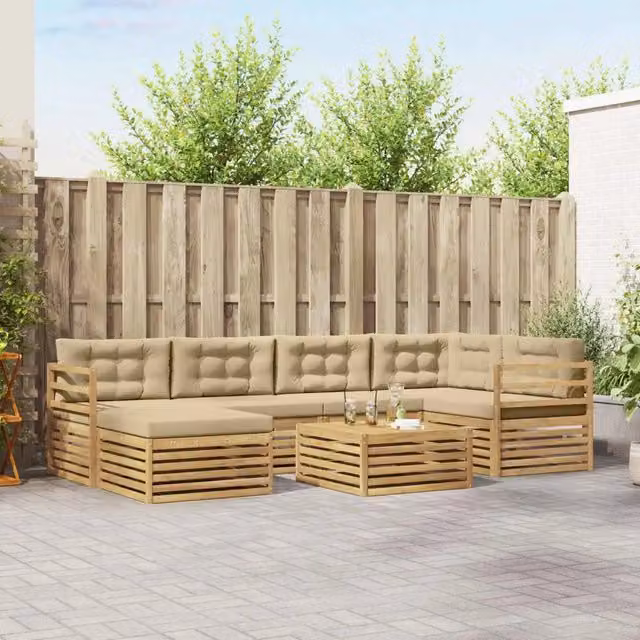 Set di divani da esterno vidaXL a L in legno di acacia con cuscini, colore bianco e beige, composto da 7 pezzi con tavolino e pouf – 1