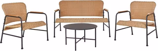 Set da giardino Beliani composto da divano a 2 posti, 2 poltrone e tavolino da caffè in rattan naturale e acciaio con gambe nere e cuscini inclusi