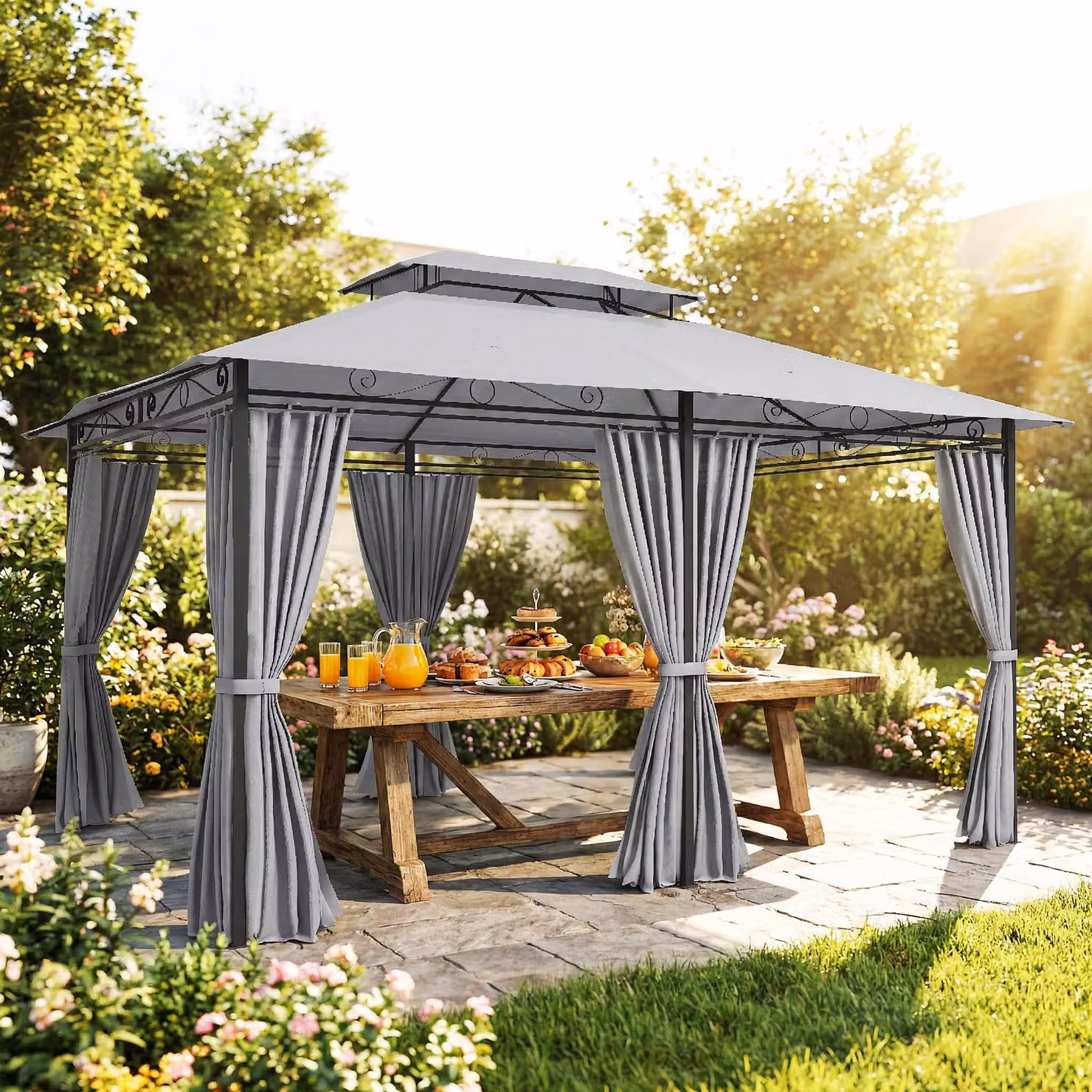 Gazebo da giardino Outsunny con tende e tetto ventilato, grigio scuro – 2