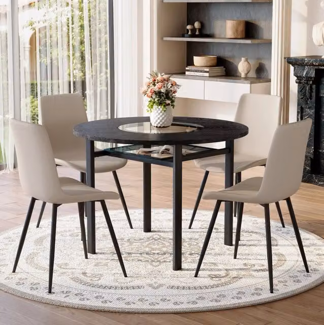 Tavolo rotondo 100 cm in MDF nero con 4 sedie in PU grigio per sala da pranzo